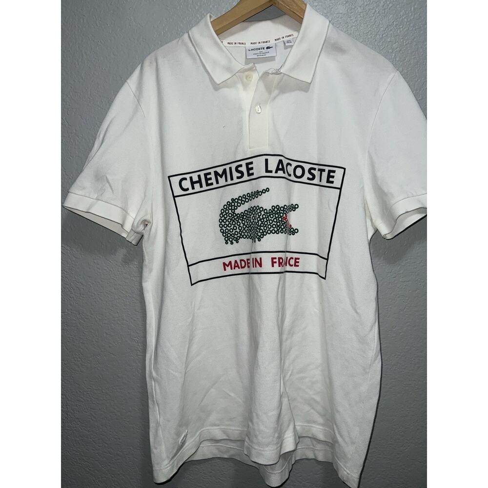 Lacoste Polo Mens XL France Chemise Big Logo White Graphic Crocodile Preppy Golf
